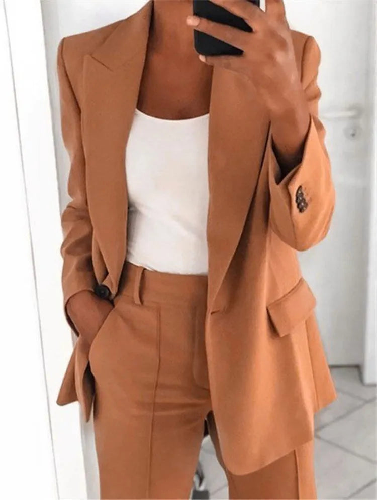 Women Suits 2 Pieces Set Fashion Lapels Single-button Coat Straight Leg Slim Pants Elegant Commuter Casuals Outfit Available 5XL