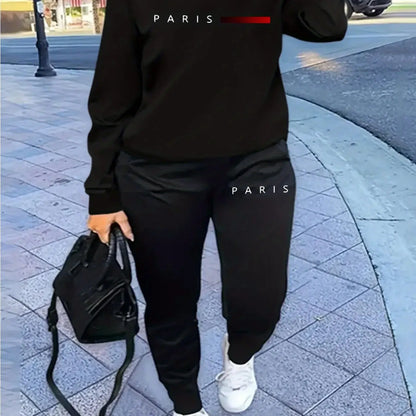 Women's autumn and winter hip-hop casual street fashion Paris letter printed round neck sports shirt+sports pants warm suit
