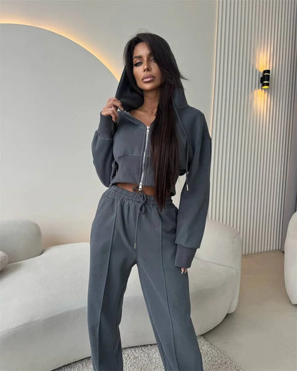 2025 Women's Cotton Hoodies Sweatshirt Two-piece Suit Casual Sports Sets High-waist Short Jacket Straight Trousers 2-piece Sets