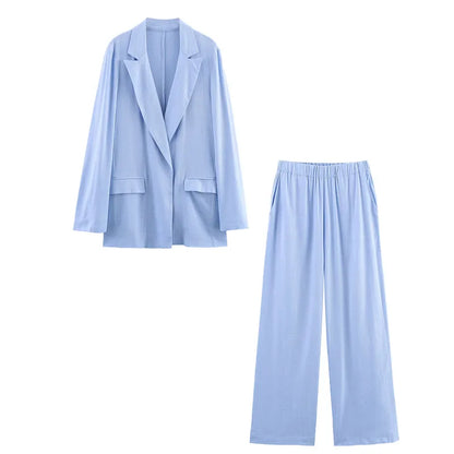 HH Women Casual Suit Solid Turn-Down Collar Long Sleeves Single-Breasted Blazers+Elastic Waist Pockets Pants Female Sets