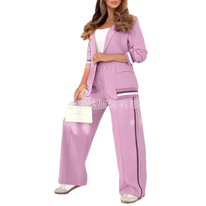 Women Suit Jacket 2 Piece Sets Striped Blazer Coat Turn Down Collar Single Breasted Wide Leg Pants Ensemble Office Lady Outfits