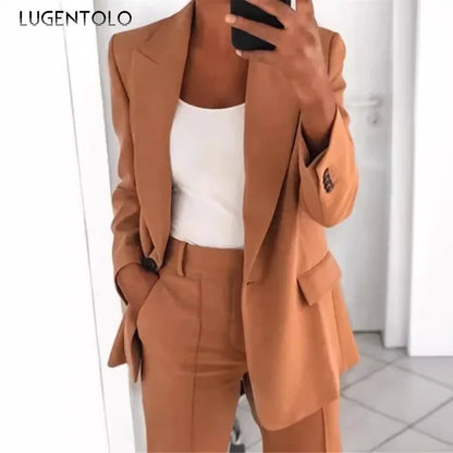 Women Suits 2 Pieces Set Fashion Lapels Single-button Coat Straight Leg Slim Pants Elegant Commuter Casuals Outfit Available 5XL