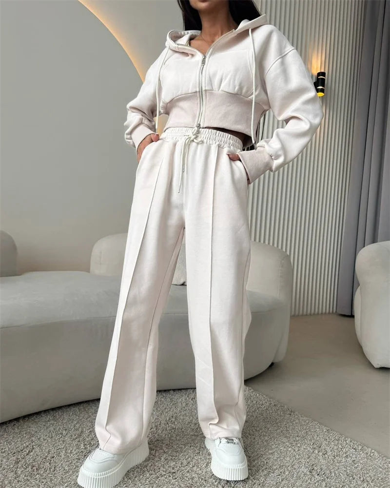 2025 Women's Cotton Hoodies Sweatshirt Two-piece Suit Casual Sports Sets High-waist Short Jacket Straight Trousers 2-piece Sets