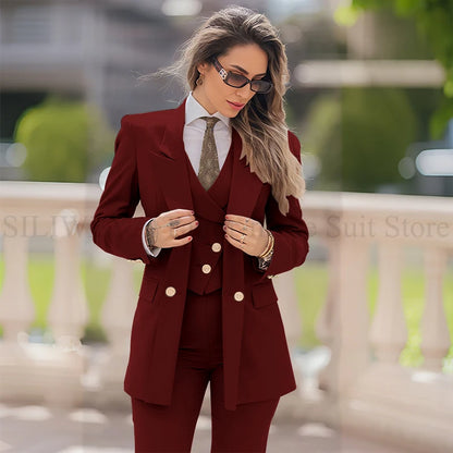 Elegant Women Suit 3 Piece Jacket Vest Pants Double Breasted Female Clothing Smart Formal Office Banquet Lady's Blazers Sets