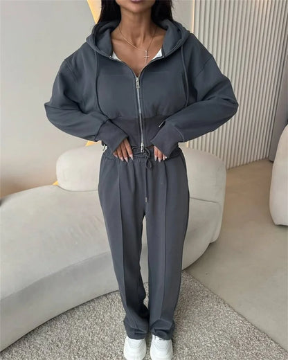 2025 Women's Cotton Hoodies Sweatshirt Two-piece Suit Casual Sports Sets High-waist Short Jacket Straight Trousers 2-piece Sets