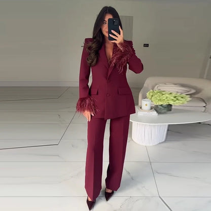 Women's Feather Suit Blazer Pants Set Lapel Shoulder Pads Full Sleeve Jackets Pockets Straight Pant 2025 Autumn Lady Suit Street