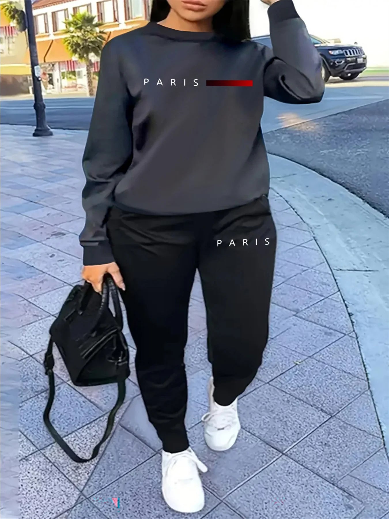 Women's autumn and winter hip-hop casual street fashion Paris letter printed round neck sports shirt+sports pants warm suit
