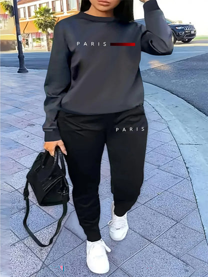 Women's autumn and winter hip-hop casual street fashion Paris letter printed round neck sports shirt+sports pants warm suit