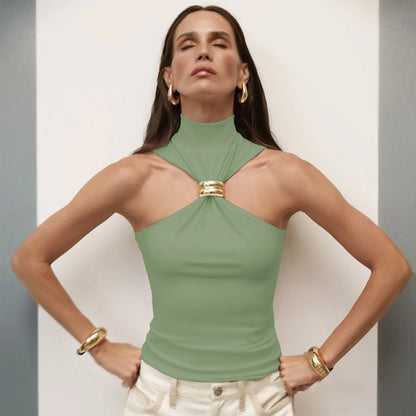 Mozision Turtleneck Basic Knit Tank Tops Women Vest Pullovers Metal