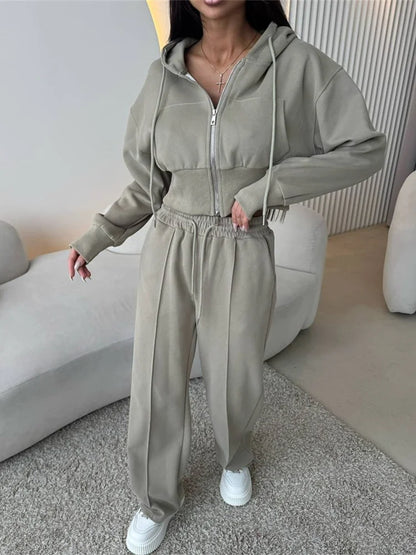 2025 Women's Cotton Hoodies Sweatshirt Two-piece Suit Casual Sports Sets High-waist Short Jacket Straight Trousers 2-piece Sets