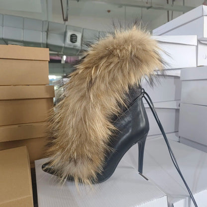 Pointed Toe Fur Mid Calf Boots Stiletto Heels Ankle Straps Fashion