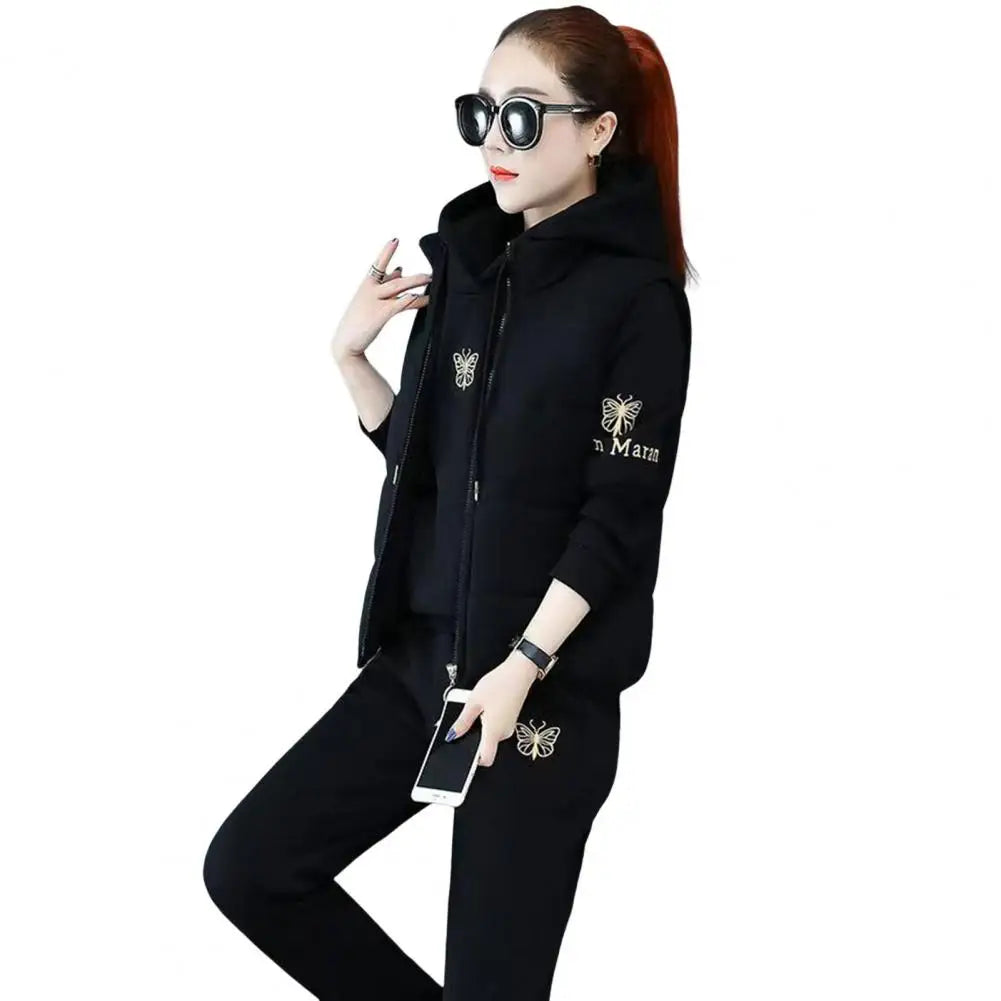 2024 Autumn Winter New Women's Casual Sweat Suit Fashion Plush Thickened Hooded Tops Waistcoat Pants 3 Three Piece Set For Women