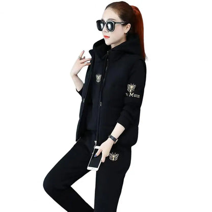 2024 Autumn Winter New Women's Casual Sweat Suit Fashion Plush Thickened Hooded Tops Waistcoat Pants 3 Three Piece Set For Women