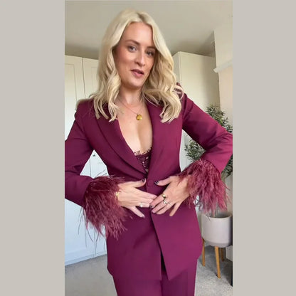 Women's Feather Suit Blazer Pants Set Lapel Shoulder Pads Full Sleeve Jackets Pockets Straight Pant 2025 Autumn Lady Suit Street