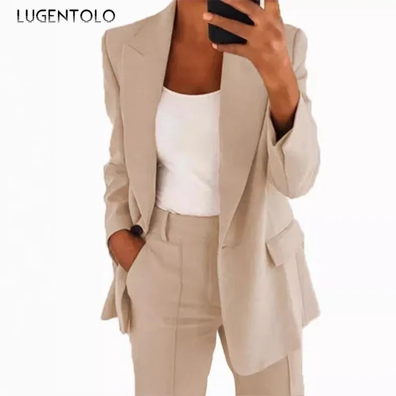 Women Suits 2 Pieces Set Fashion Lapels Single-button Coat Straight Leg Slim Pants Elegant Commuter Casuals Outfit Available 5XL