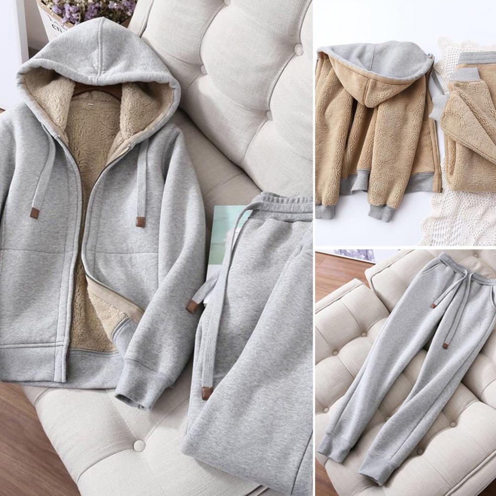 Women's Sweatshirt Pants Suit Autumn and Winter Warm Long-sleeved Fleece Thick Hoodie Coat Jogger Pants Sportswear Two-piece Set