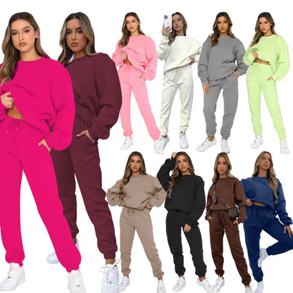 Women's Suit Fashionable Casual Loose Highly Elastic Sportswear Round Neck Solid Color Autumn Collection 2 Pieces Set For Woman