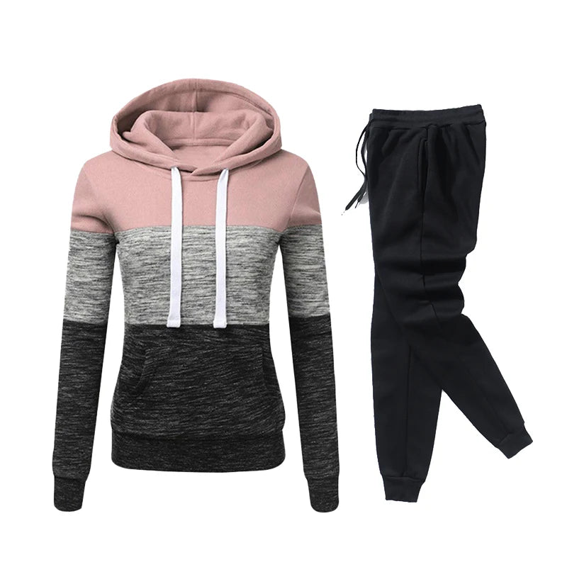 2024 Womens Outfits High Quality Color Block Hooded Sweatshirt Black Sweatpants Trend Jogging Hot Sales Sport Casual Tracksuit