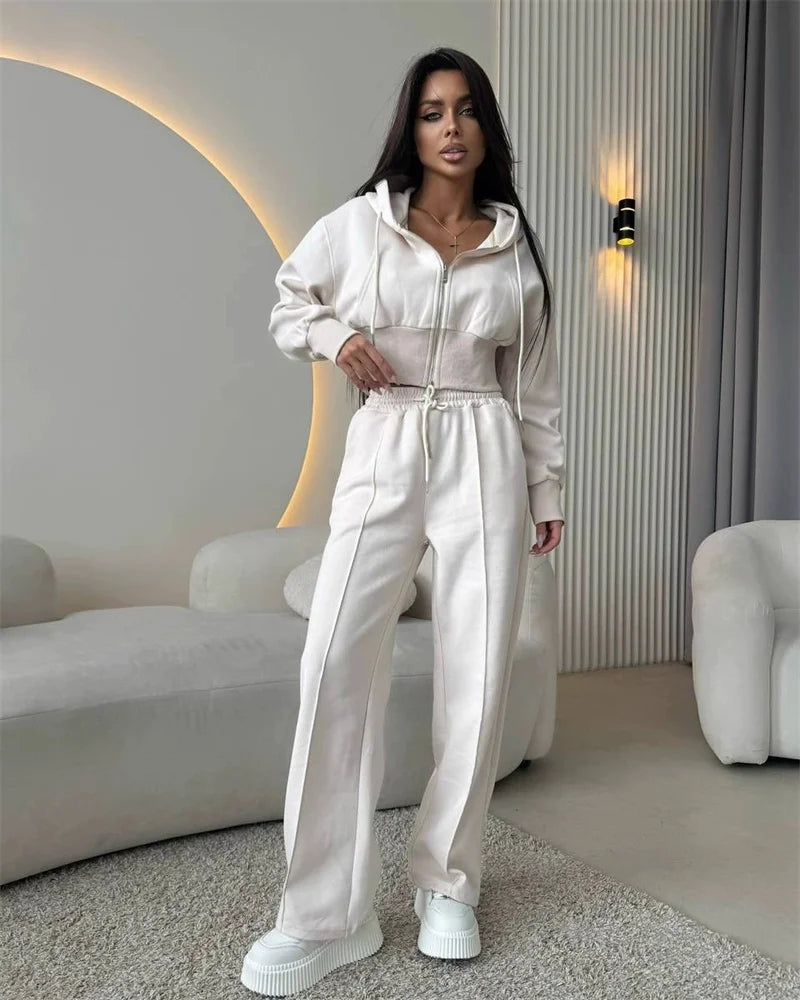 2025 Women's Cotton Hoodies Sweatshirt Two-piece Suit Casual Sports Sets High-waist Short Jacket Straight Trousers 2-piece Sets