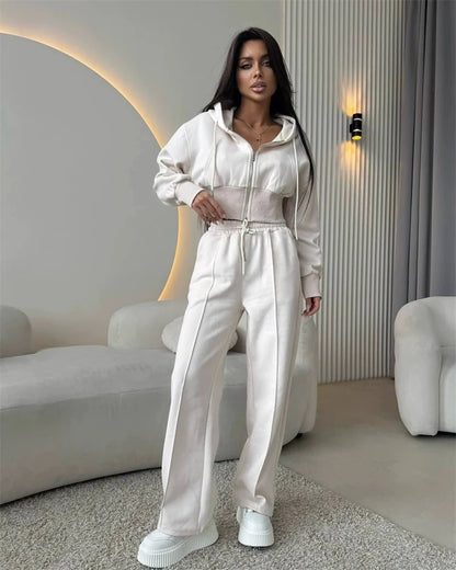 2025 Women's Cotton Hoodies Sweatshirt Two-piece Suit Casual Sports Sets High-waist Short Jacket Straight Trousers 2-piece Sets