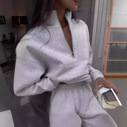 Casual Sweatshirt Long Sleeve Women's Suit Autumn Winter New Fashion Semi Zipper Loose Simple Sports Trousers 2piece Set Female