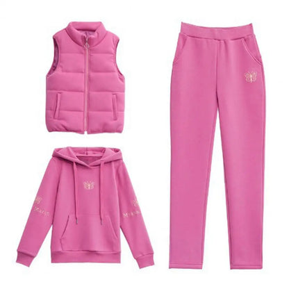 2024 Autumn Winter New Women's Casual Sweat Suit Fashion Plush Thickened Hooded Tops Waistcoat Pants 3 Three Piece Set For Women