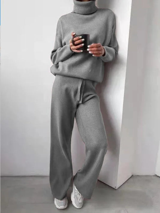Women's  Wool Knitted Sweater Set Lady Fashion High Neck Soft Warm Winter Autumn Tracksuit