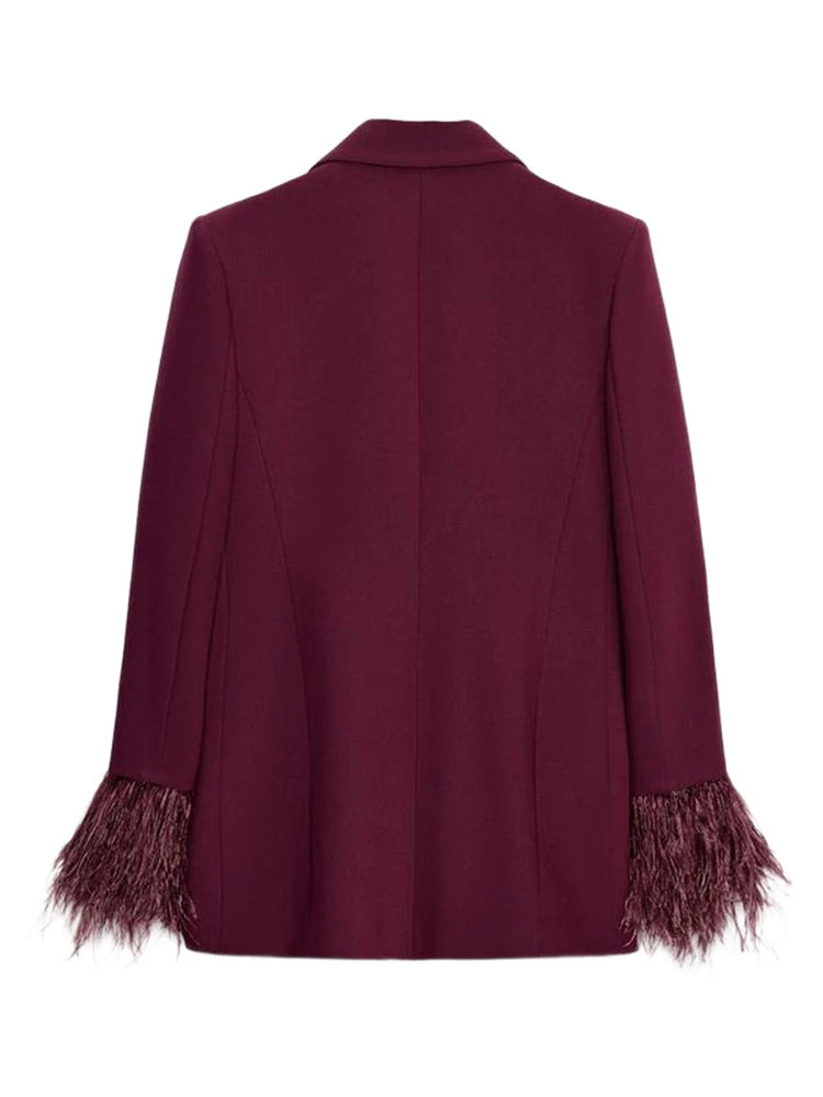 Women's Feather Suit Blazer Pants Set Lapel Shoulder Pads Full Sleeve Jackets Pockets Straight Pant 2025 Autumn Lady Suit Street