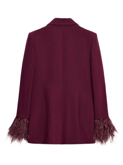 Women's Feather Suit Blazer Pants Set Lapel Shoulder Pads Full Sleeve Jackets Pockets Straight Pant 2025 Autumn Lady Suit Street