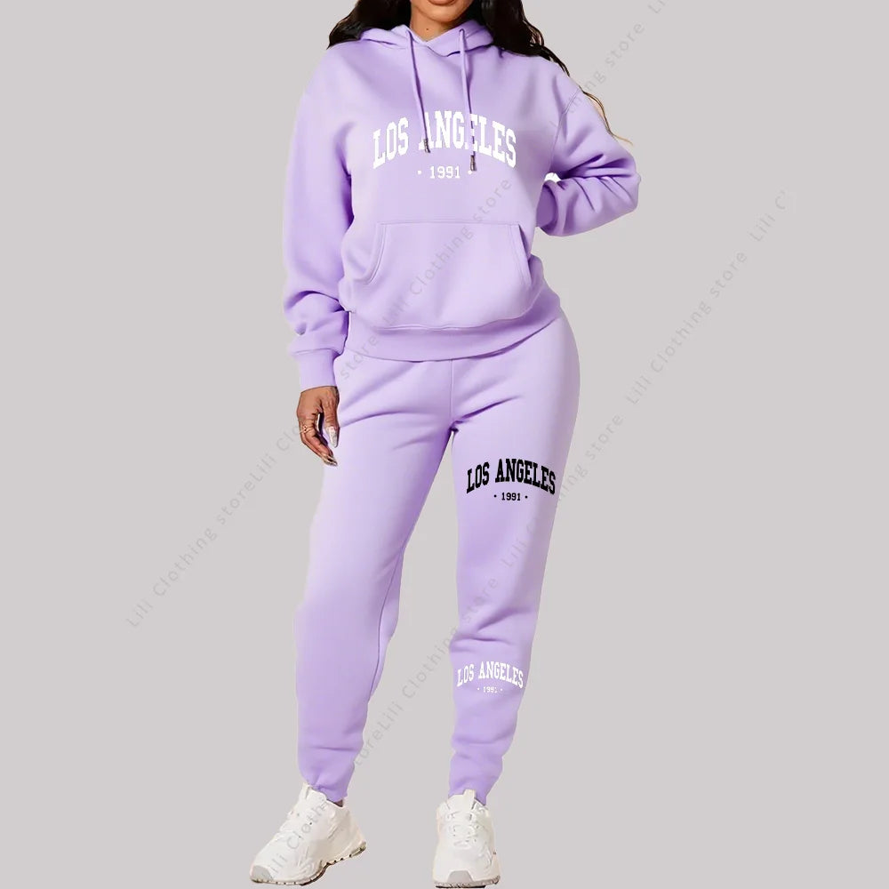 Women Sets Hoodies Pants 2 Piece Outfits Aesthetic Sportswear Sweatsuit Los Angeles Letter Print Suit Ladies Tracksuit Plus Size
