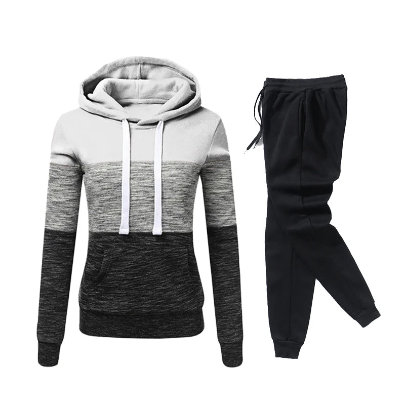 2024 Womens Outfits High Quality Color Block Hooded Sweatshirt Black Sweatpants Trend Jogging Hot Sales Sport Casual Tracksuit
