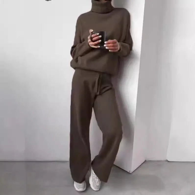 Women's  Wool Knitted Sweater Set Lady Fashion High Neck Soft Warm Winter Autumn Tracksuit