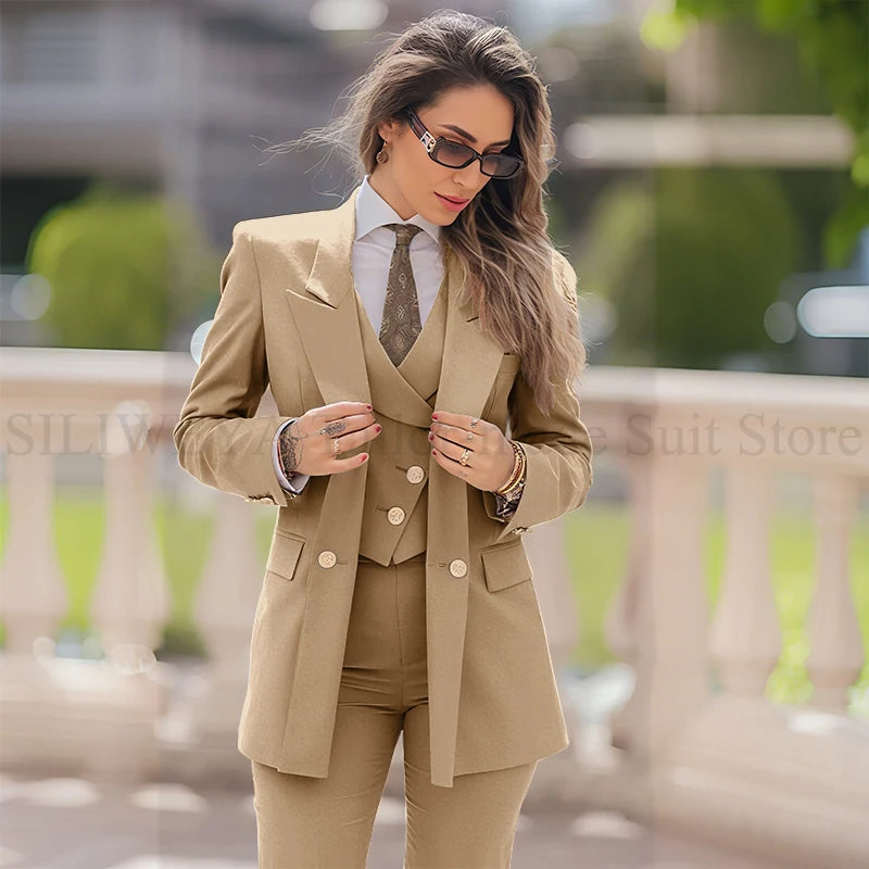 Elegant Women Suit 3 Piece Jacket Vest Pants Double Breasted Female Clothing Smart Formal Office Banquet Lady's Blazers Sets