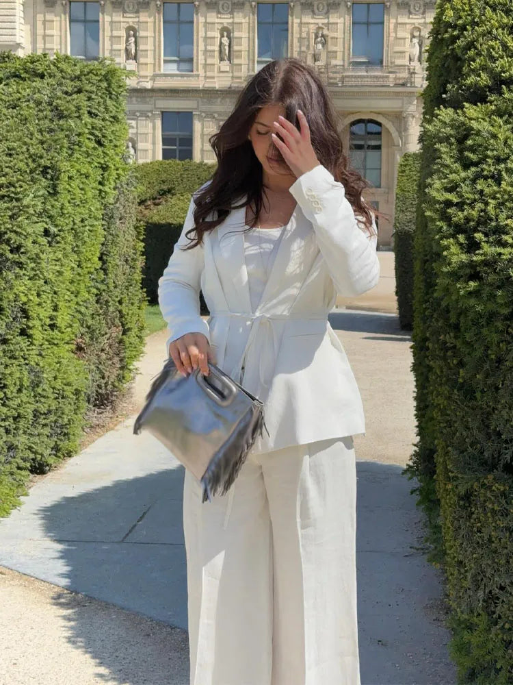 HH Women Spring Fashion Suits White Turn-Down Collar Long Sleeves Lace-Up Blazers+High Waist Zipper Long Pants Female Sets