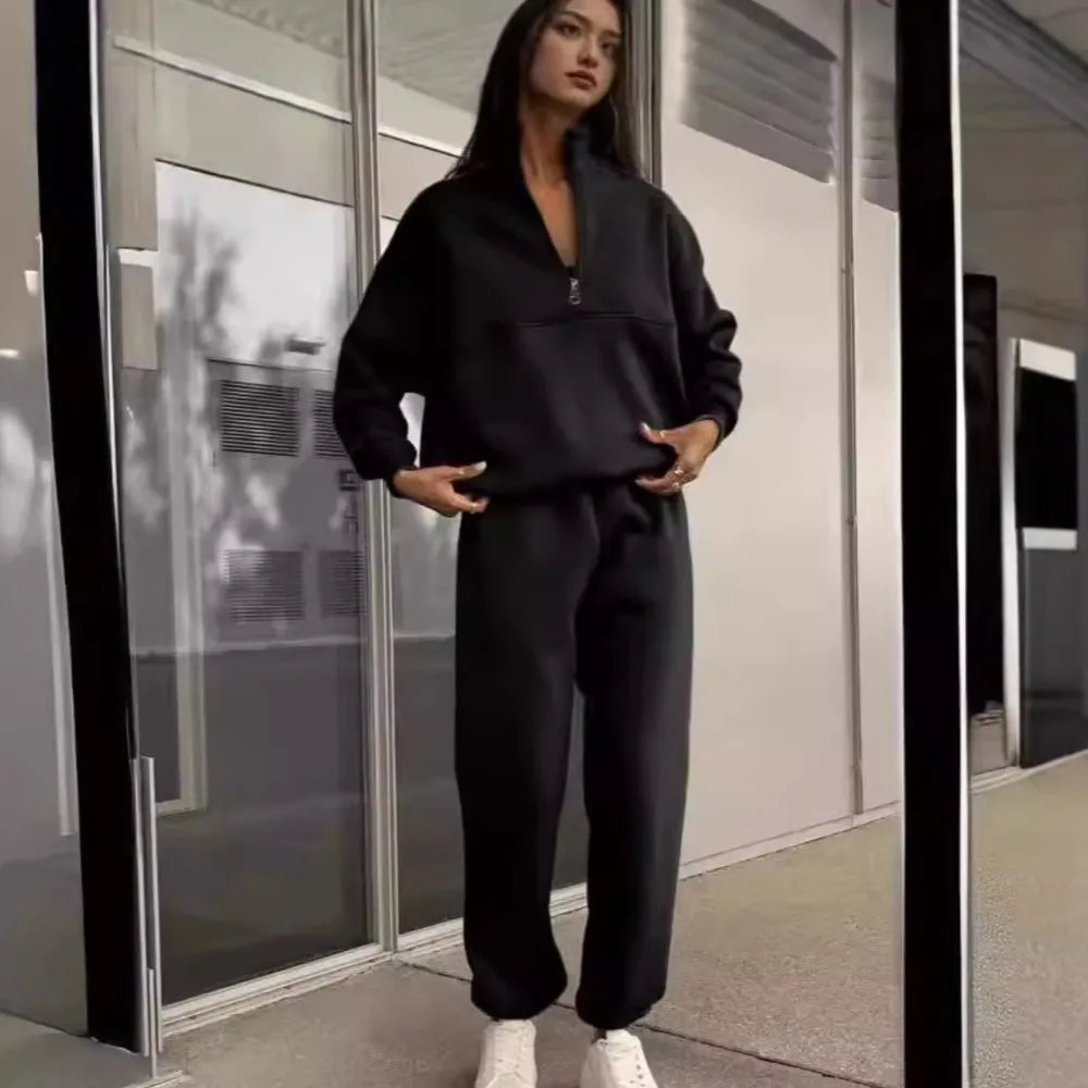 Casual Sweatshirt Long Sleeve Women's Suit Autumn Winter New Fashion Semi Zipper Loose Simple Sports Trousers 2piece Set Female