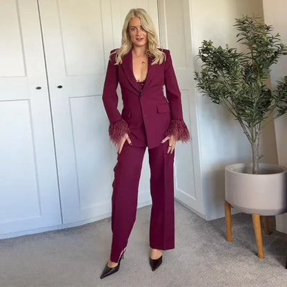 Women's Feather Suit Blazer Pants Set Lapel Shoulder Pads Full Sleeve Jackets Pockets Straight Pant 2025 Autumn Lady Suit Street