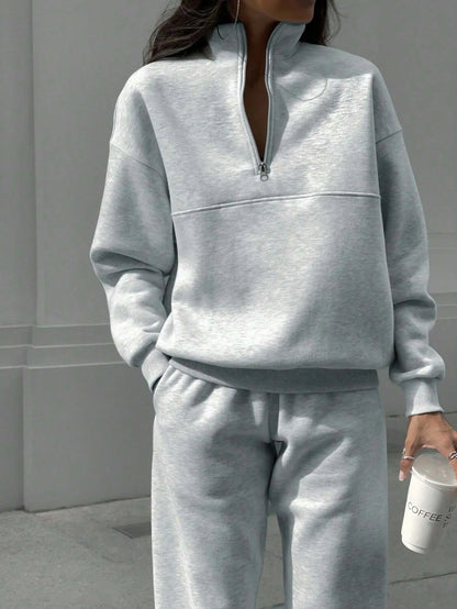 Casual Sweatshirt Long Sleeve Women's Suit Autumn Winter New Fashion Semi Zipper Loose Simple Sports Trousers 2piece Set Female