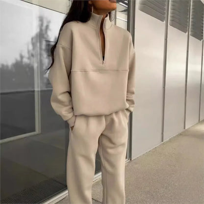 Casual Sweatshirt Long Sleeve Women's Suit Autumn Winter New Fashion Semi Zipper Loose Simple Sports Trousers 2piece Set Female