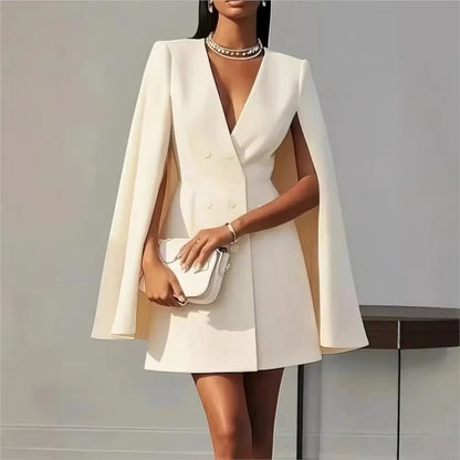 Women's suit dress for autumn office wear, double-breasted cape-like cloak, solid color V-neck suit jacket