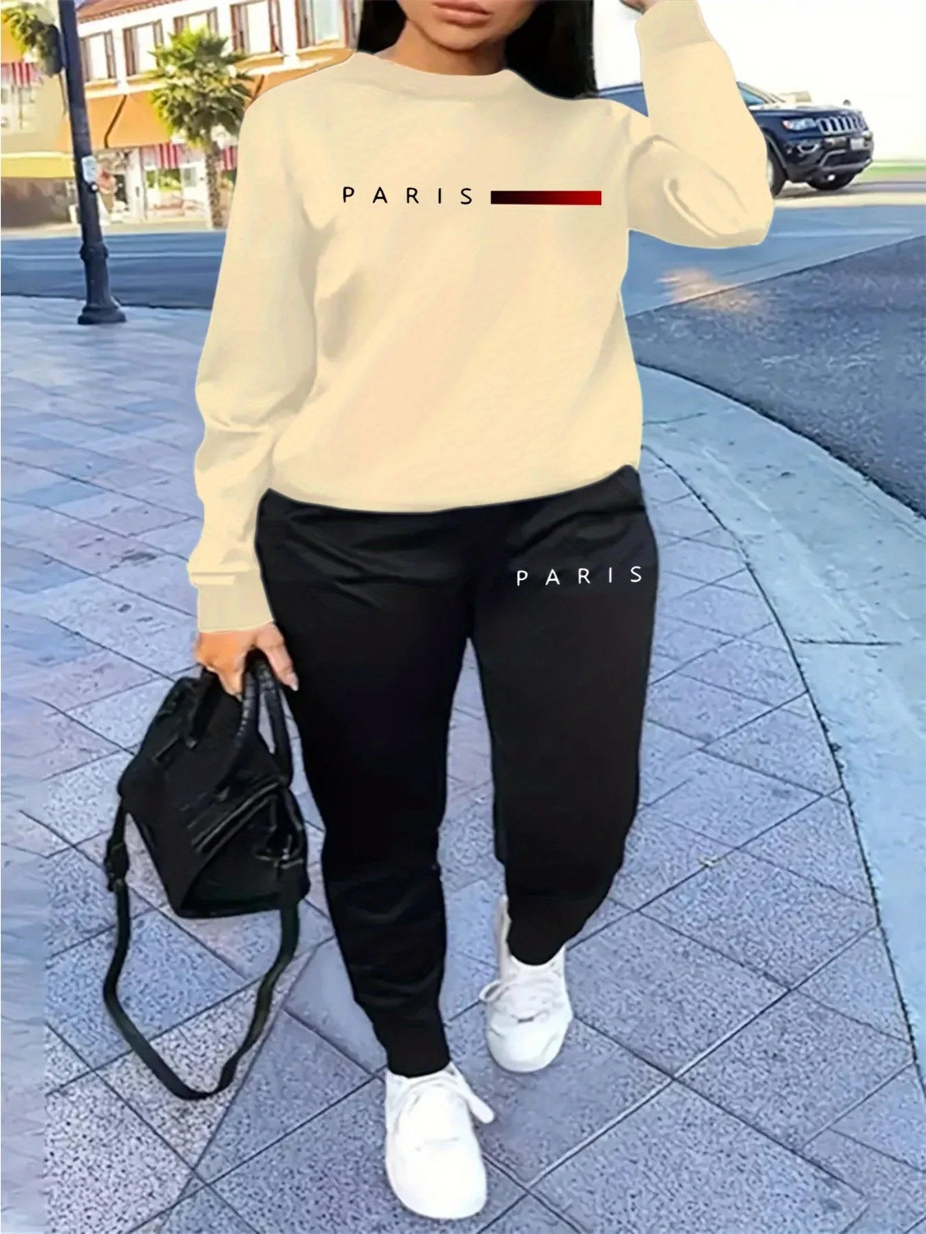 Women's autumn and winter hip-hop casual street fashion Paris letter printed round neck sports shirt+sports pants warm suit