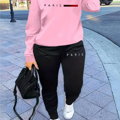 Women's autumn and winter hip-hop casual street fashion Paris letter printed round neck sports shirt+sports pants warm suit