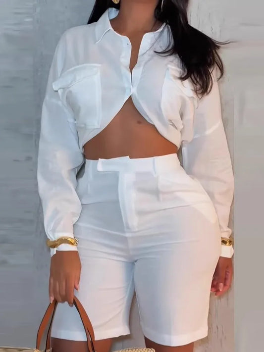 Women's Two Piece Sets Suit Temperament Elegant Solid White Loose Long Sleeves Exposed Waist Shirt High Waist Shorts Women Suit