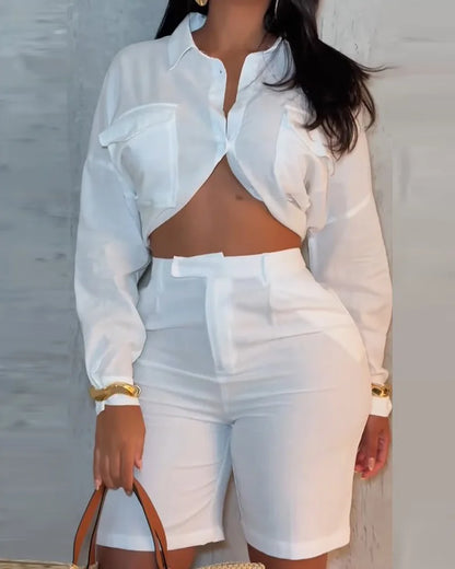 Women's Two Piece Sets Suit Temperament Elegant Solid White Loose Long Sleeves Exposed Waist Shirt High Waist Shorts Women Suit