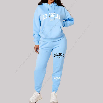 Women Sets Hoodies Pants 2 Piece Outfits Aesthetic Sportswear Sweatsuit Los Angeles Letter Print Suit Ladies Tracksuit Plus Size