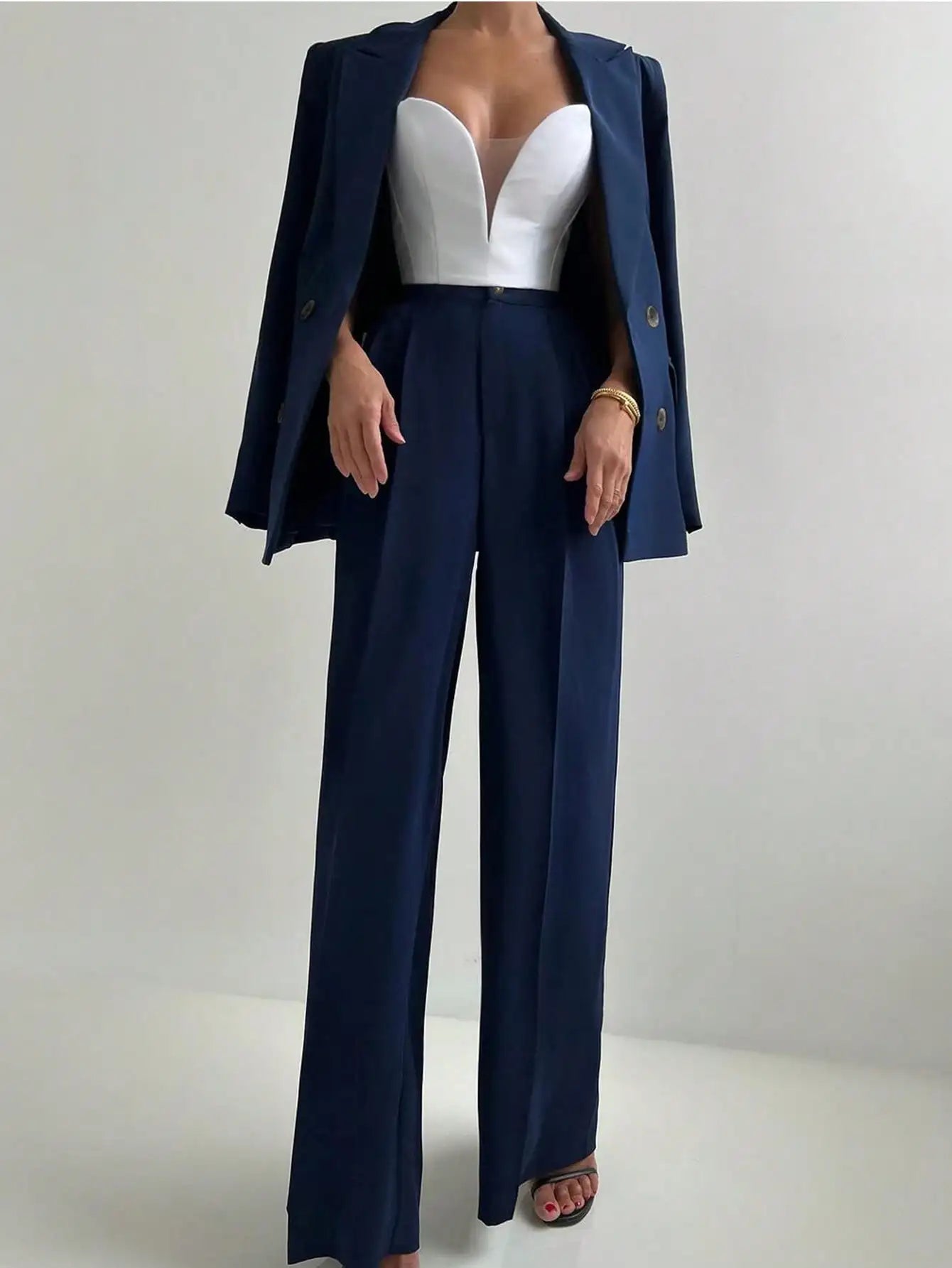 Women's Elegant Casual Blazer Jacket And Straight-Leg Pants Suit Set Spring Autumn & Winter Suitable for Office Work Business