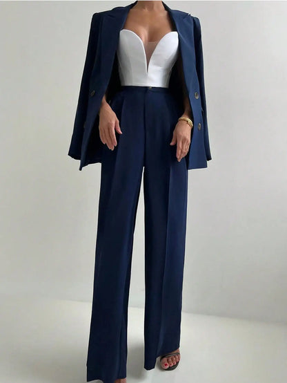 Women's Elegant Casual Blazer Jacket And Straight-Leg Pants Suit Set Spring Autumn & Winter Suitable for Office Work Business