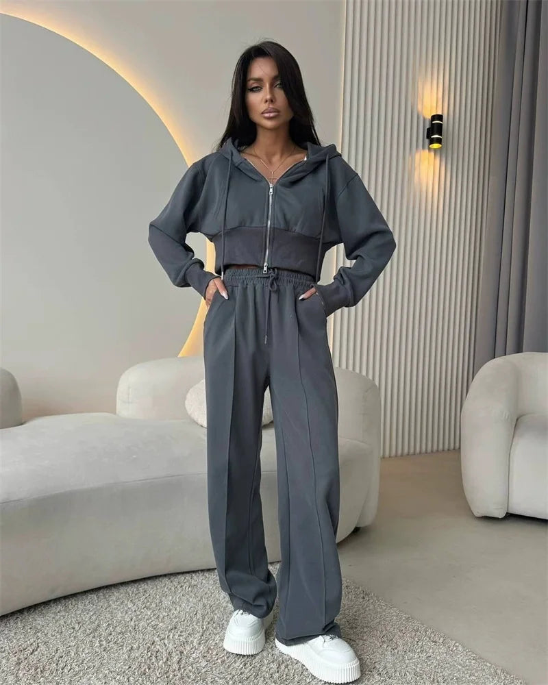 2025 Women's Cotton Hoodies Sweatshirt Two-piece Suit Casual Sports Sets High-waist Short Jacket Straight Trousers 2-piece Sets