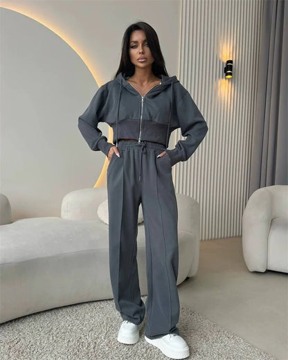 2025 Women's Cotton Hoodies Sweatshirt Two-piece Suit Casual Sports Sets High-waist Short Jacket Straight Trousers 2-piece Sets
