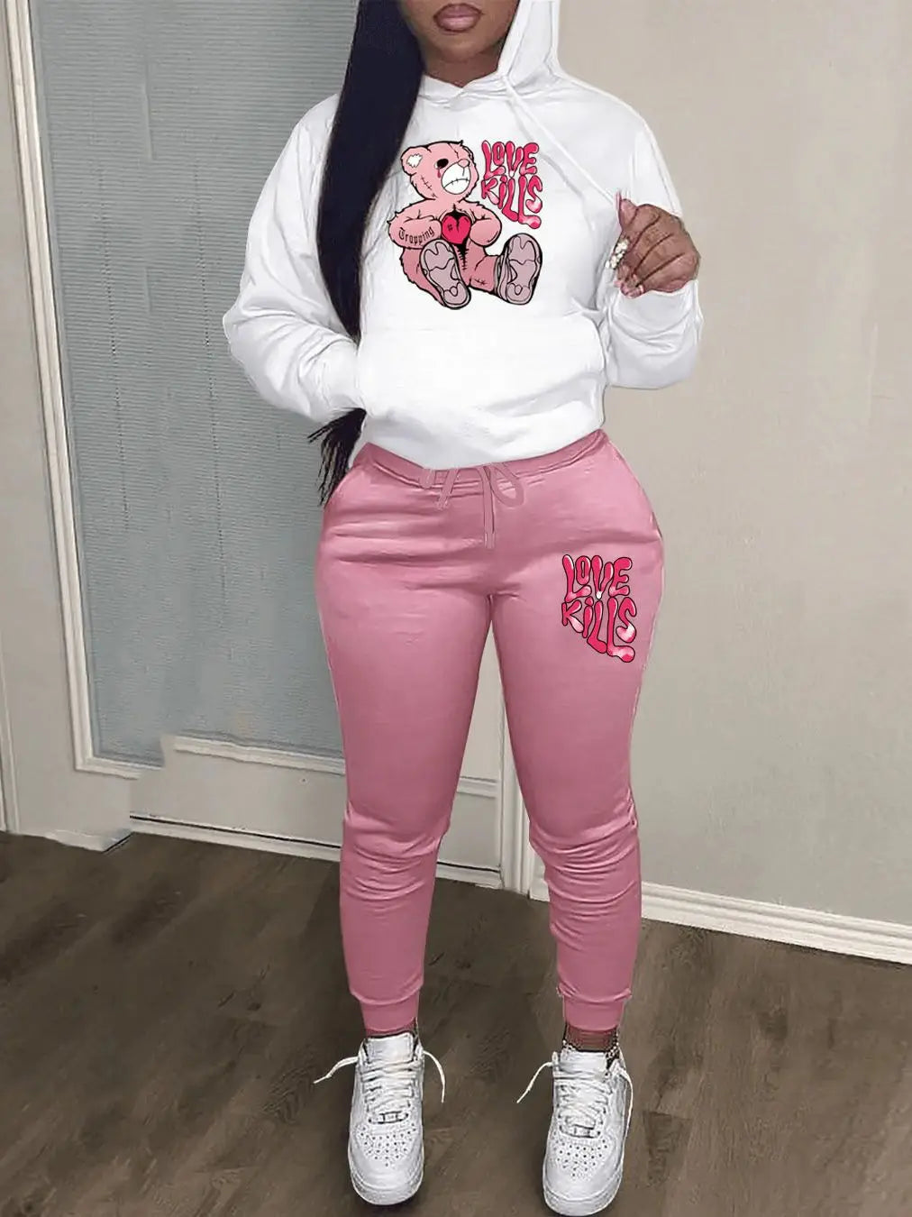 Women's Hoodies Sets Pants Suit 2 Piece Outfits 2025 New Letter Print Bear Aesthetics Sweatshirt and Sweatpants Womens Tracksuit