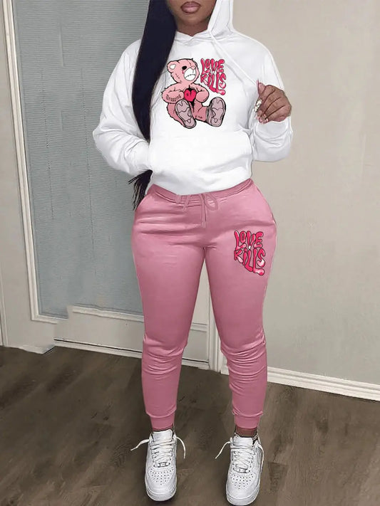 Women's Hoodies Sets Pants Suit 2 Piece Outfits 2025 New Letter Print Bear Aesthetics Sweatshirt and Sweatpants Womens Tracksuit